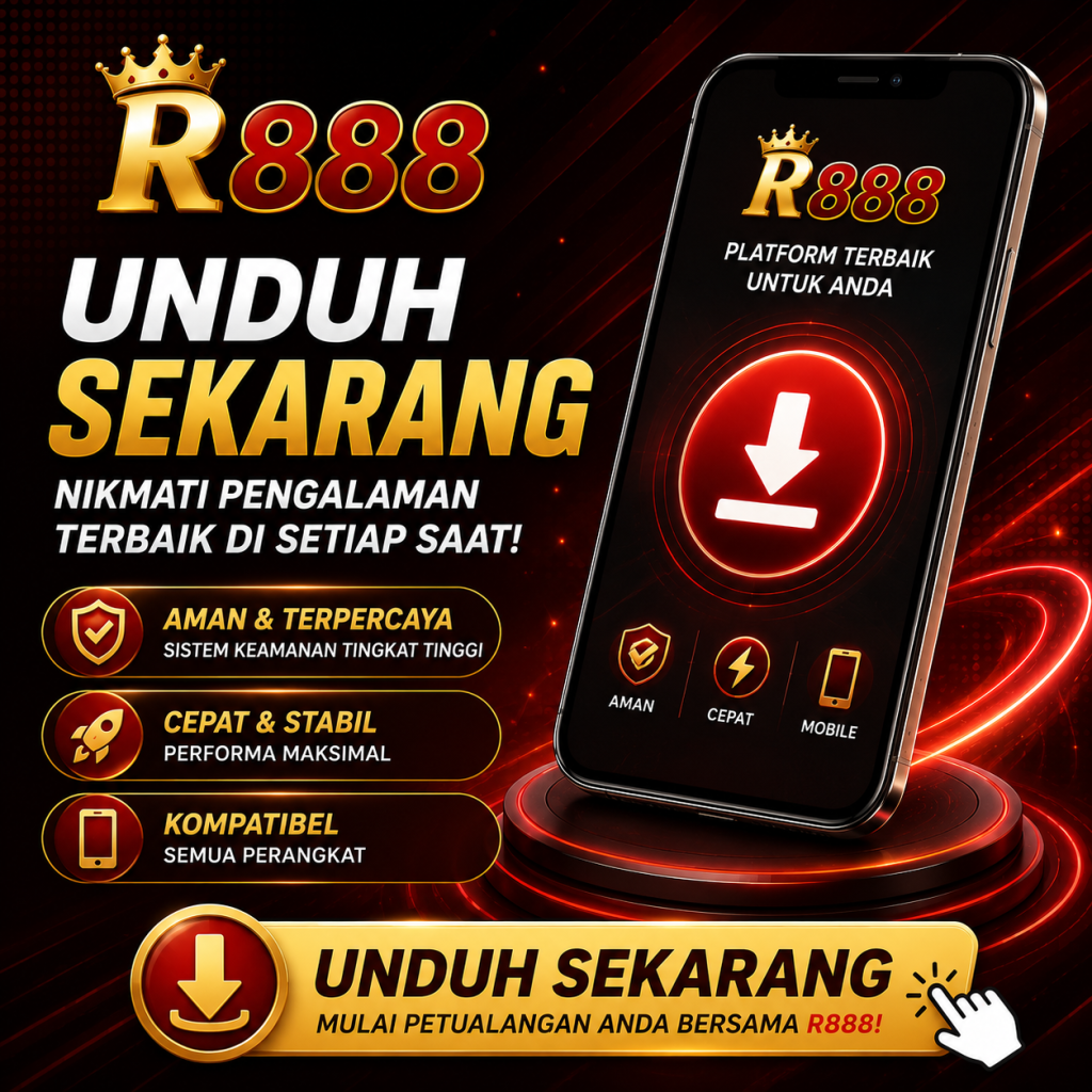 Banner unduh R888 APK dengan tampilan modern, ilustrasi ponsel, tombol unduh, serta informasi kompatibilitas untuk perangkat Android.