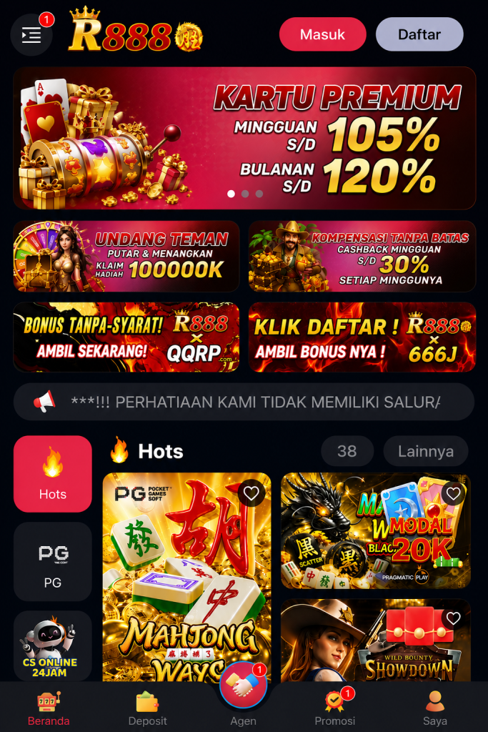 Tampilan beranda R888 di perangkat seluler dengan menu navigasi, halaman masuk, pendaftaran, dan koleksi permainan yang tersusun rapi.