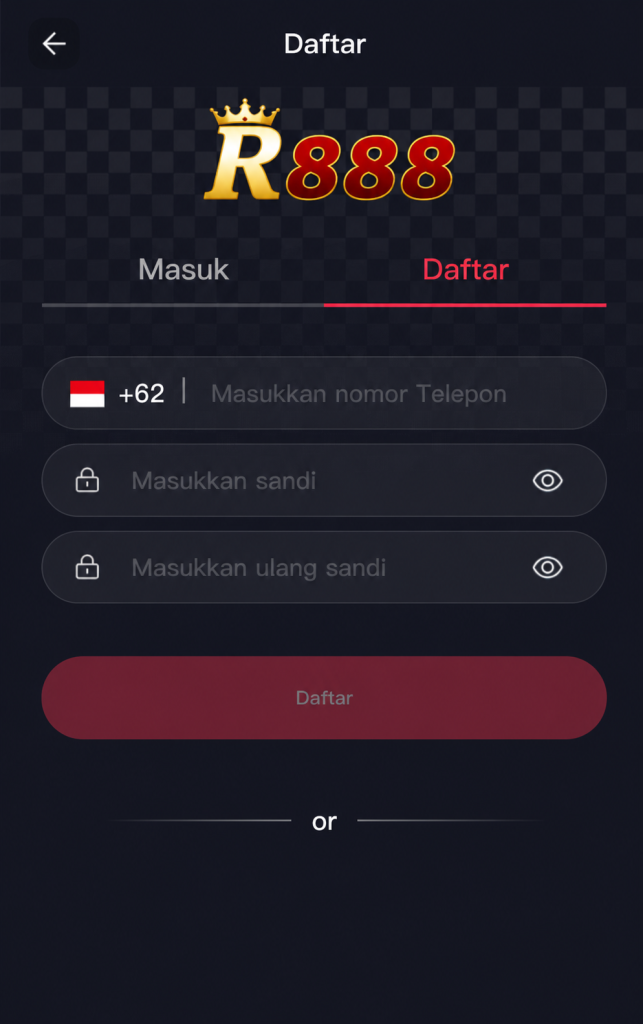 Halaman daftar R888 versi seluler dengan formulir pendaftaran, kolom nomor telepon, kata sandi, dan antarmuka yang sederhana serta mudah digunakan.