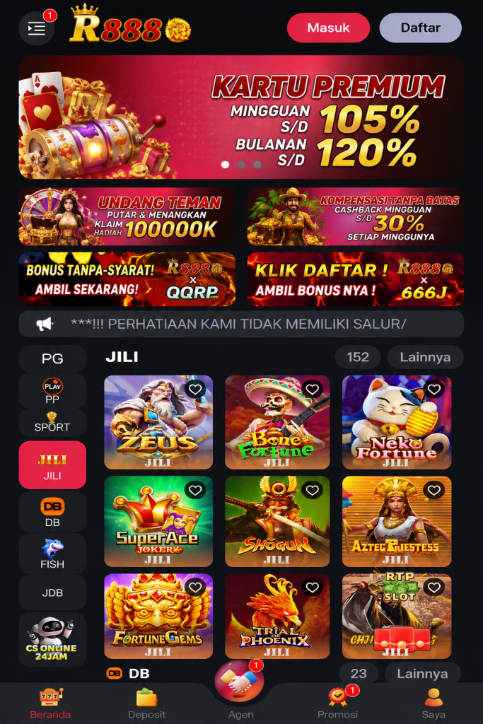 Tampilan kategori JILI pada R888 dengan logo resmi, daftar permainan populer, dan navigasi aplikasi yang mudah digunakan.