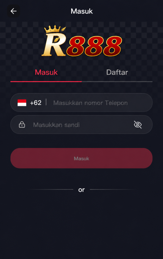 Halaman login R888 versi seluler dengan formulir masuk, kolom nomor telepon, kata sandi, dan antarmuka yang sederhana serta mudah digunakan.