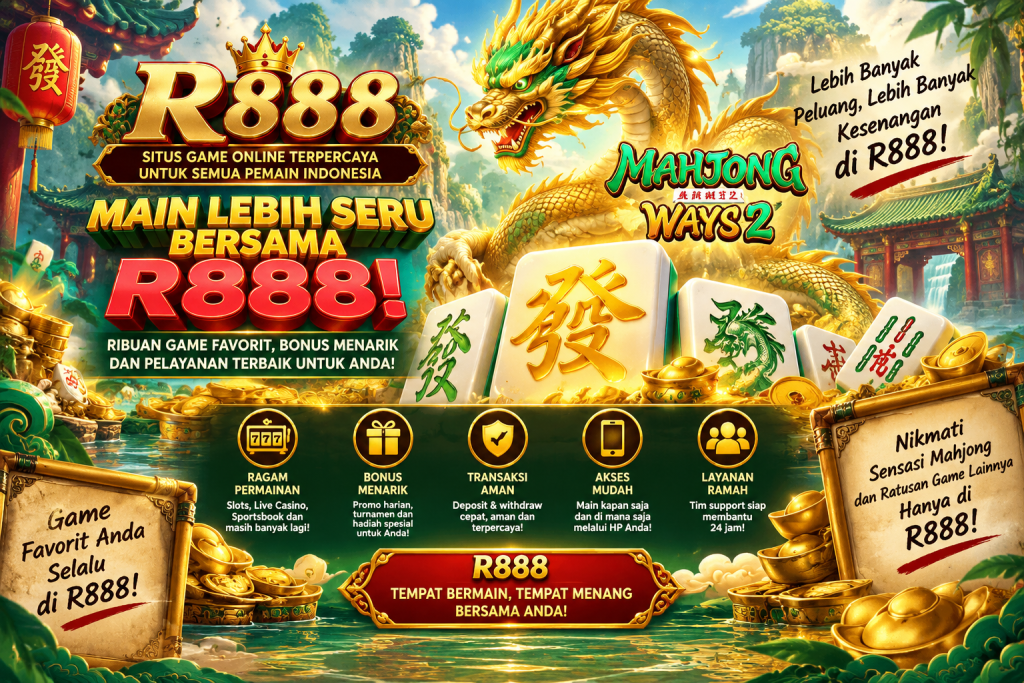 R888 dengan tema Mahjong Ways 2 yang menampilkan fitur utama platform untuk pengalaman game yang lebih praktis, menarik, dan nyaman bagi pengguna Indonesia.