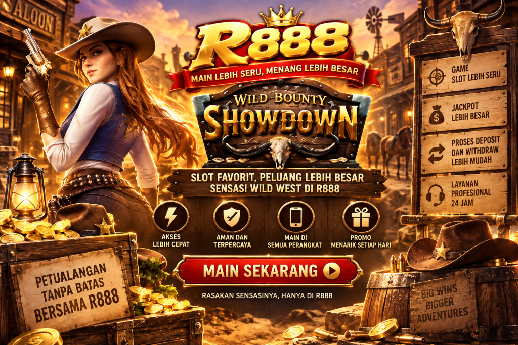 Poster R888 bertema Wild Bounty Showdown untuk panduan keamanan akun, perlindungan password, OTP, login aman, dan pencegahan pencurian akun.